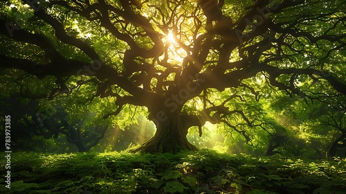 Traverse through a serene and enchanting forest, where ancient trees stand tall and majestic,