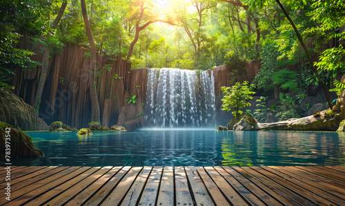 Tranquil Rainforest Oasis: Wooden Deck with Cascading Waterfall, Lush Jungle Backdrop for Serene Product Showcase