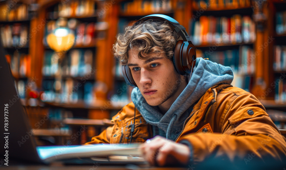 Focused Male Student in Library Researching Online, Wearing Headphones, Working on University Project