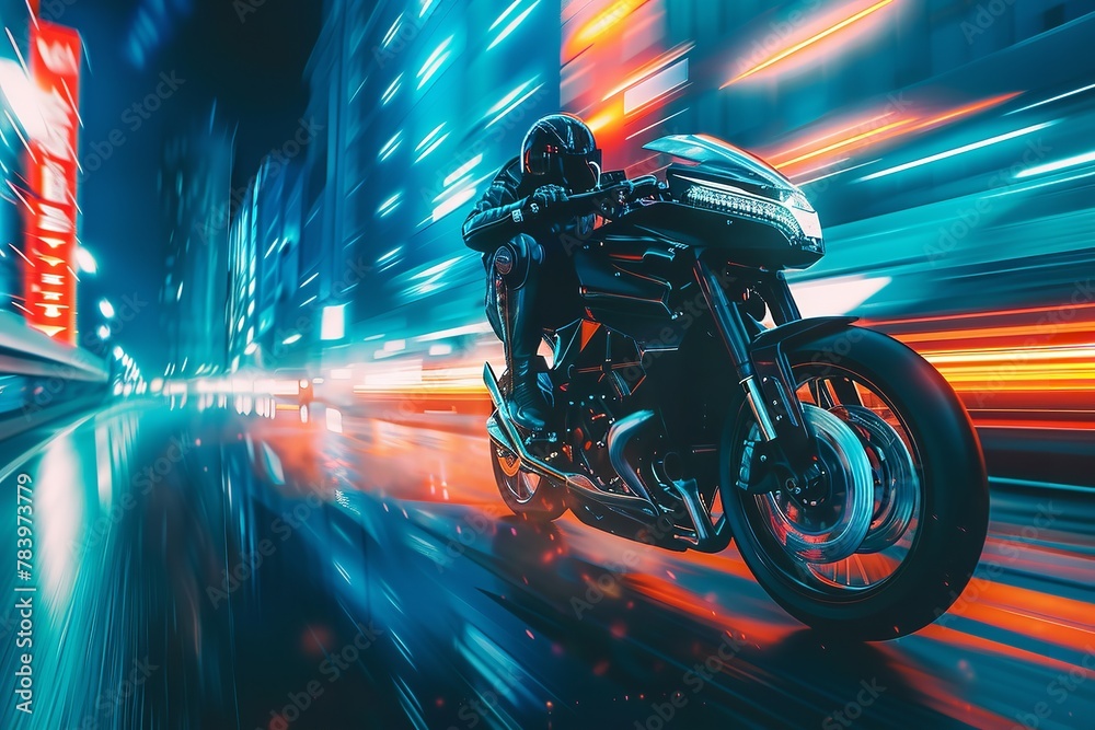 Fast shots of a man riding a bike in a cyberpunk, futuristic city. Exciting action sequence including a motorcycle ride in a blockbuster manner, Generative AI.