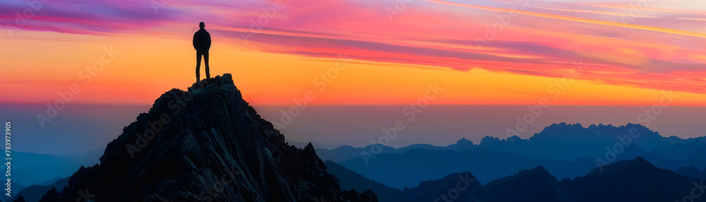 Lone mans silhouette atop a mountain, sunset behind, vibrant colors, telephoto view