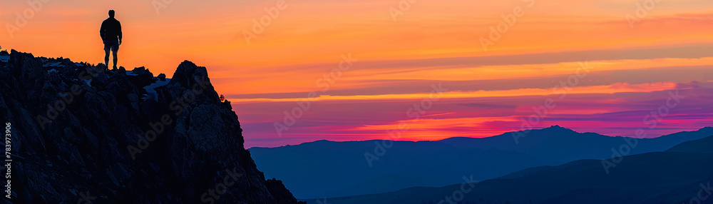 Fototapeta premium Lone mans silhouette atop a mountain, sunset behind, vibrant colors, telephoto view