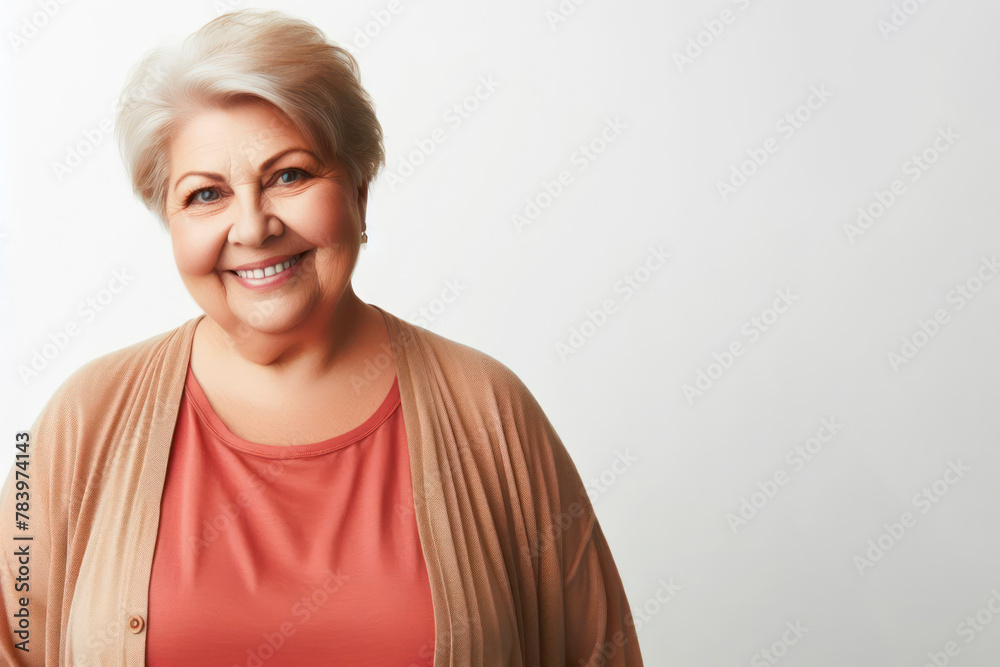 plus size old woman smiling on a white background copy space plus size old woman smiling on a white background copy space