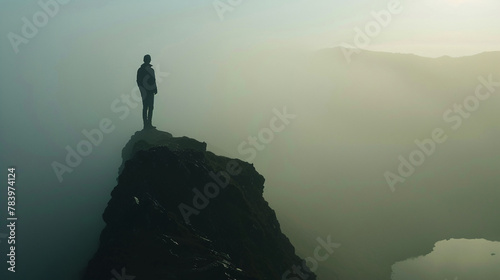 Mountain top with mans silhouette, early morning mist, serene, telephoto perspective