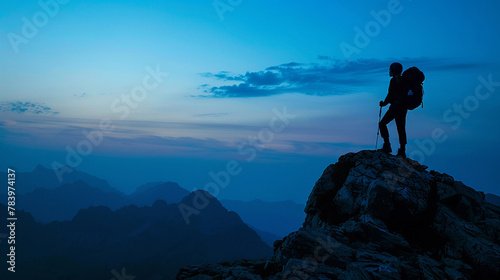 Silhouette of a hiker on mountain summit  twilight blue  panoramic shot  low angle