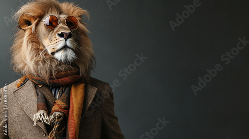 Stylish illustrative lion in an elegant business beige suit on a dark background. Lion person. Space for text. 