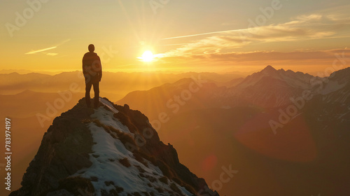 Silhouette of a man on high mountain, golden hour light, clear sky, wide shot