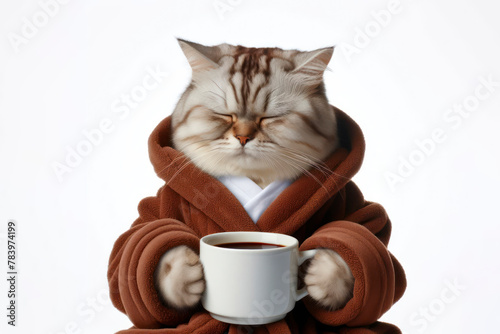 sleepy cat in bathrobe holding cup of coffee on a white background