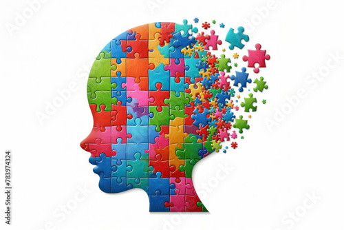 Colorful jigsaw puzzle pieces coming together to form kid head on a white background