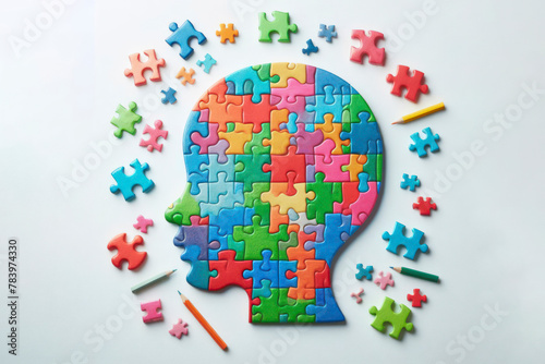 Colorful jigsaw puzzle pieces coming together to form kid head on a white background