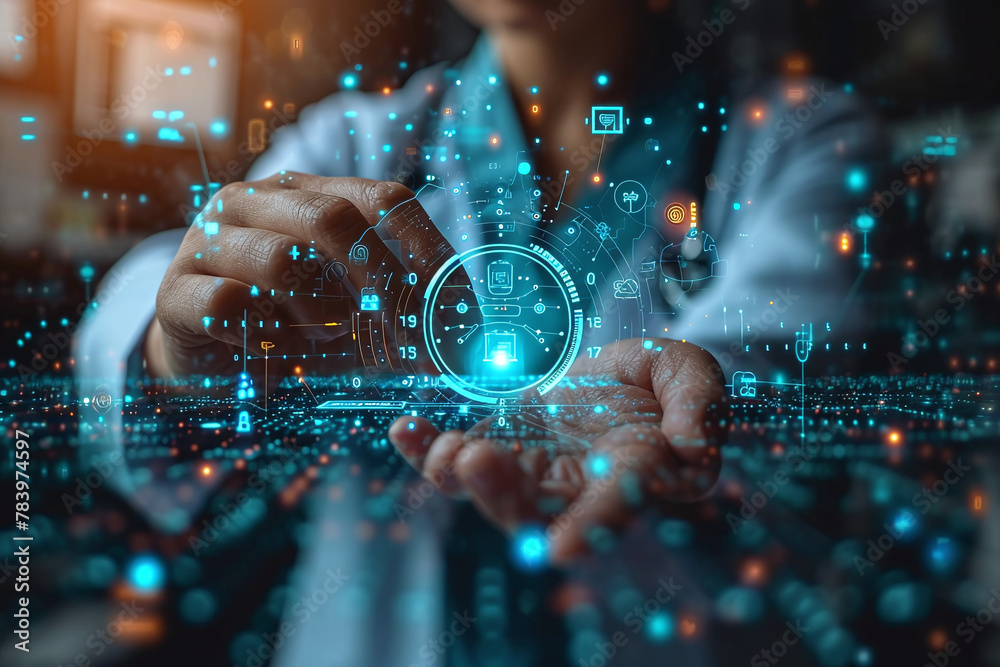 Doctor using artificial intelligence on virtual screen for medical research, future medicine healthcare laboratory concept Doctor using artificial intelligence on virtual screen for medical research, future medicine healthcare laboratory concept