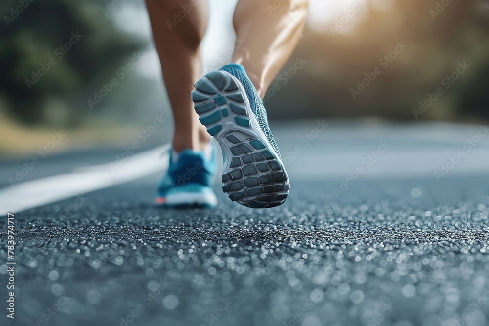 Man's feet sprinting on a road, close-up on a shoe, Generative AI. Man's feet sprinting on a road, close-up on a shoe, Generative AI.