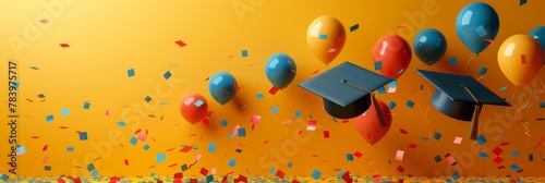 Banner with graduation caps with confetti and balloons on yellow background