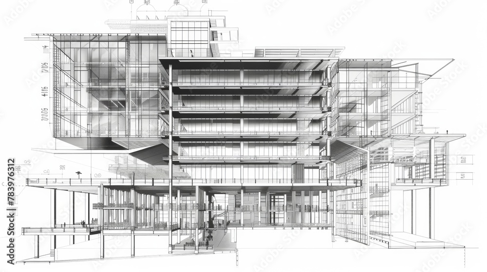 Obraz premium Architectural rendering of a contemporary apartment building with balconies and trees in a monochromatic scheme.