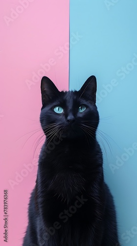 beautiful fluffy black cat on colorful background