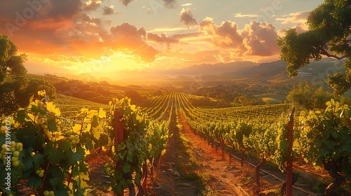 Wander through a sun-dappled vineyard, where orderly rows of grapevines stretch to the horizon beneath a cloudless sky