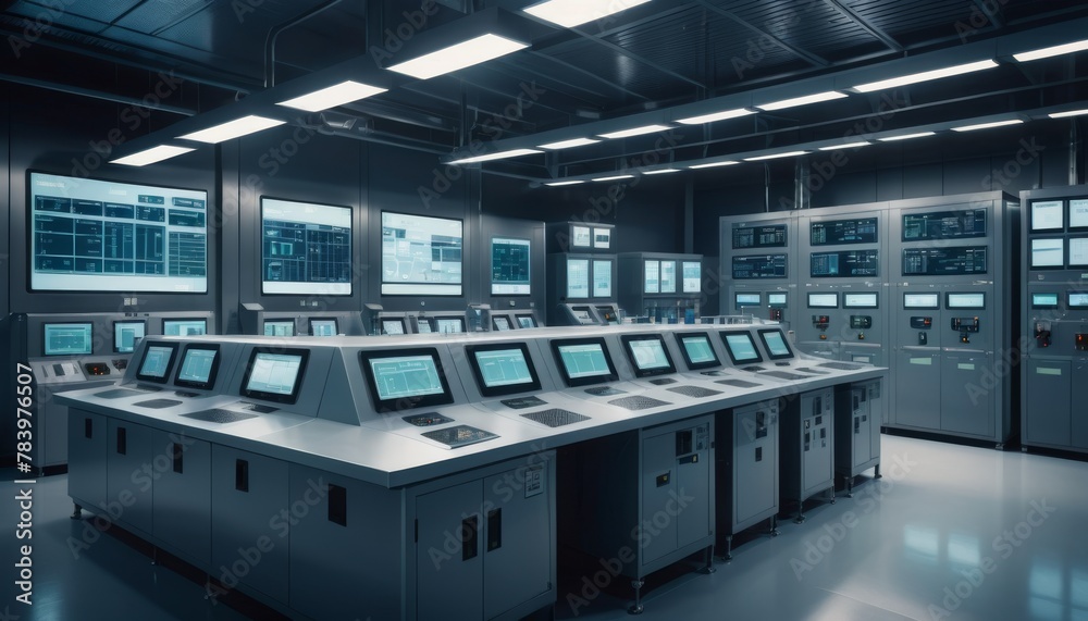 A control room filled with cutting-edge monitoring equipment and multiple digital interfaces, depicting high-level surveillance operations.. AI Generation