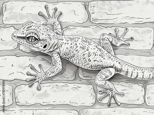 A line art illustration of a gecko clinging to a wall 