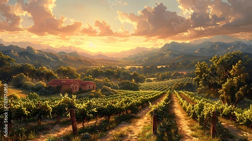 Wander through a sun-dappled vineyard, where orderly rows of grapevines stretch to the horizon beneath a cloudless sky.  photo