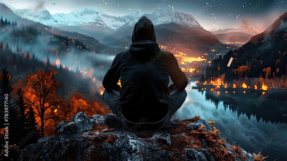 A man in a dark gray hoodie sits on a rock and looks at the mountain ahead and the burning lights of the city far below, pretentious, inspiring, beautiful - obrazy, fototapety, plakaty 