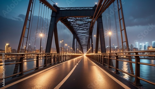 The dynamic lines of a modern bridge are highlighted by gleaming lights against the evening sky, with cityscapes looming in the distance.. AI Generation
