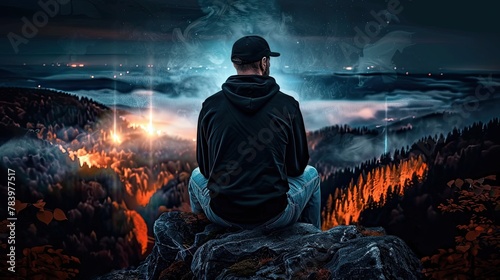 A man in a dark gray hoodie sits on a rock and looks at the mountain ahead and the burning lights of the city far below, pretentious, inspiring, beautiful