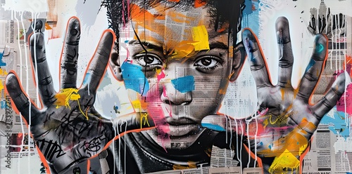 A young man with hands and eyes wide open, symbolic graffiti for seeing the truth, awareness and awakening, collage of multicolored grunge newspapers, urban graphic artwork, street art, mixed media