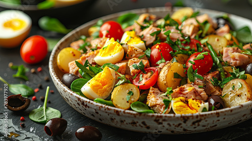 Mouthwateringly delicious and rich, the Nicoise salad includes potatoes, tuna, green beans, tomatoes, eggs, olives and herbs, topped with a vinaigrette on the plate.