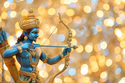 ram navami with bow and arrows in blue and gold with golden bokeh background, very festive © World of AI