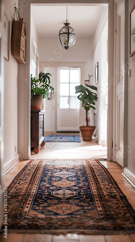 Detail shot of a vintage-inspired rug in a hallway  scandinavian style interior