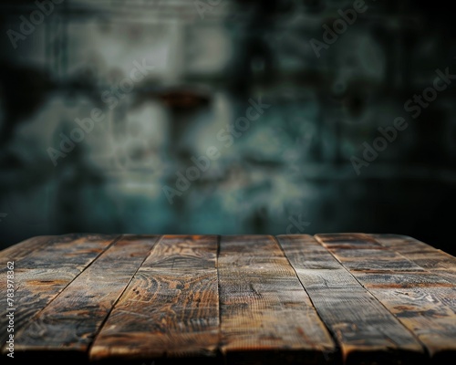 Old wood table with blurred concrete block wall in dark room background, product mockup scene 
