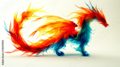 A colorful, abstract dragon with fiery orange and cool blue tones in a flowing, dynamic pose