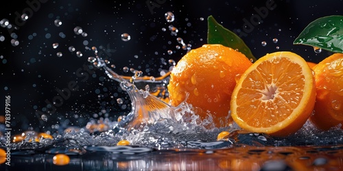 Citrus Splash Dynamism  Fresh Orange Slices Splashing in Water  Vibrant Food Photography