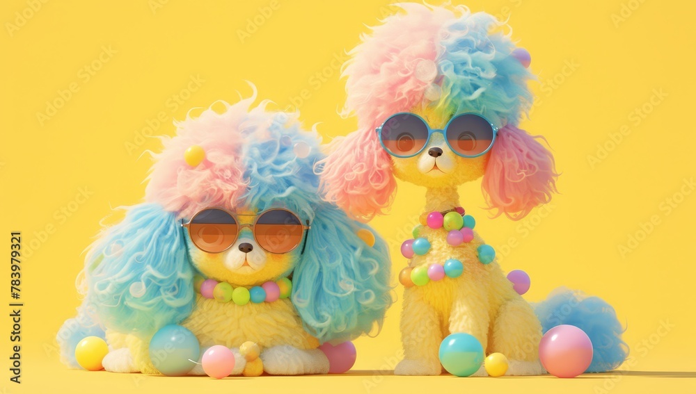 photo of two poodles with bright colored hair, wearing sunglasses, on solid background 