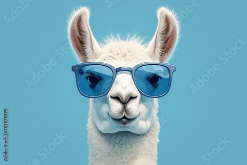 photo of white llama with blue sunglasses, blue background, funny and cute 