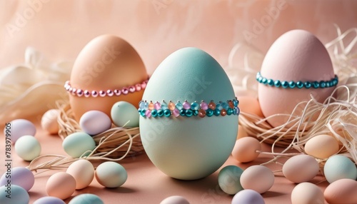 Elegant Easter eggs, each with a unique jeweled band, rest on a bed of straw against a soft pastel backdrop, offering a luxurious twist on the holiday tradition.. AI Generation