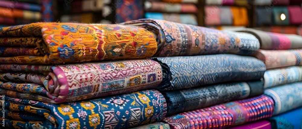 Vibrant Textile Symphony: Patterned Fabric Rolls in Market Harmony. Concept Textile Market, Fabric Rolls, Vibrant Patterns, Market Harmony, Colorful Textiles