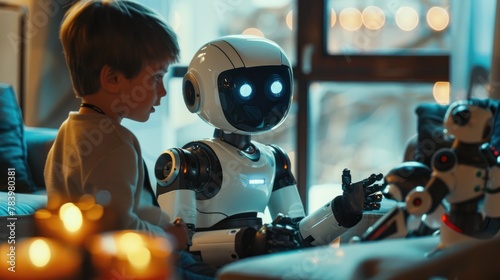 Futuristic Friendship: Child and Robot Companion - A young child engages with a friendly humanoid robot in a sunlit room.
