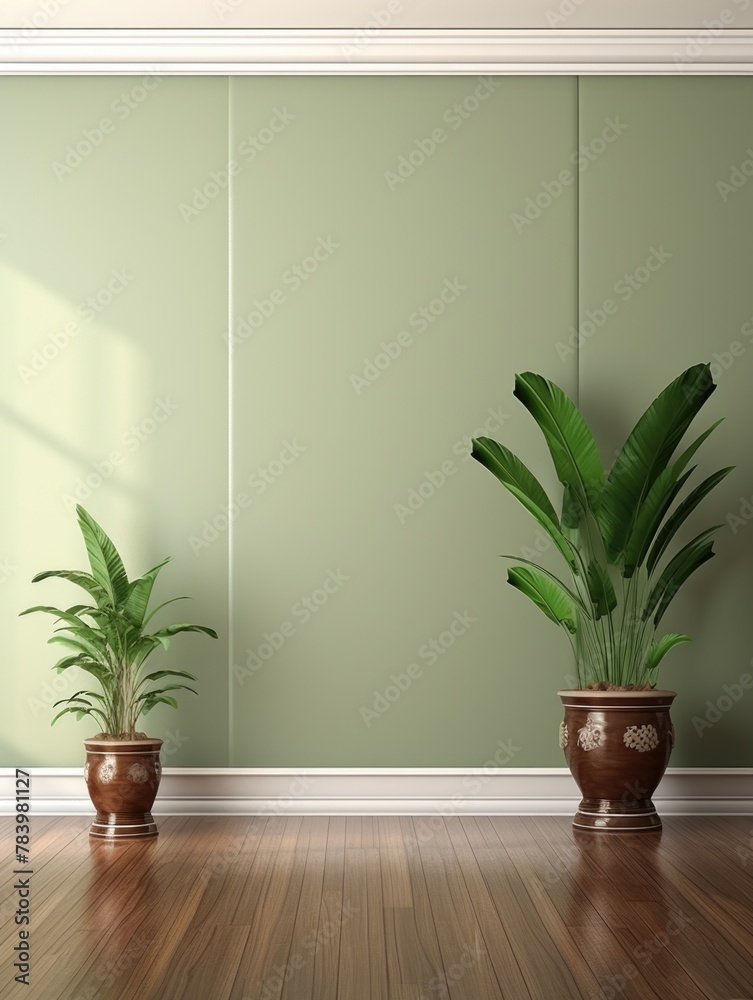 Two potted plants in front of a vibrant green wall