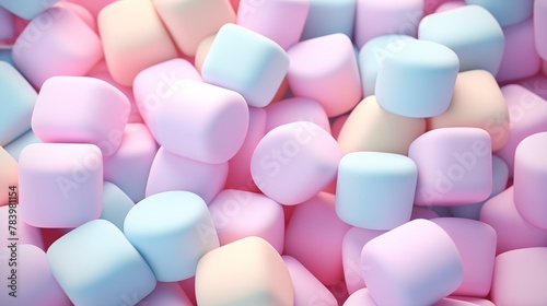 Background with puffy multicolor marshmallows, 3d top view.