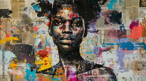 mixed media urban graphic of an African American woman, grafitti, paint splash background, paper collage