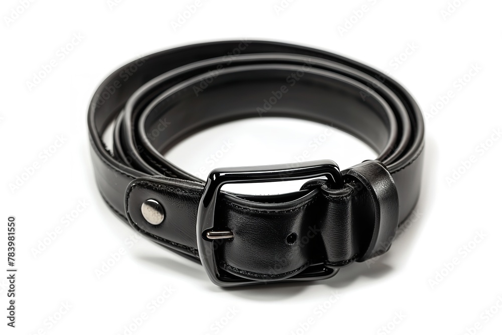 White background with an isolated black leather belt, Generative AI. White background with an isolated black leather belt, Generative AI.
