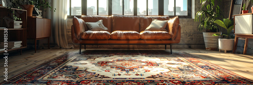 Detail shot of a vintage-inspired rug in a living room, hyperrealistic photography of modern interior design © Wardx