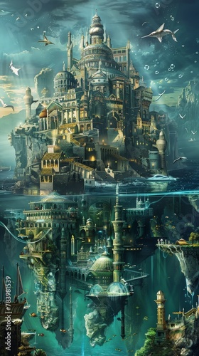 A mesmerizing view of the underwater city of Atlantis showcasing its magnificent architecture and the vibrant marine life surrounding it.Dive into the depths of fantasy and explore the secrets