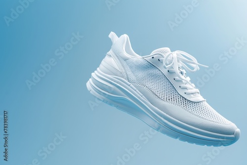 White shoes on a blue gradient background  concept  product image  levitation concept  men s fashion  sport shoe  air  sneakers  lifestyle  Generative AI.
