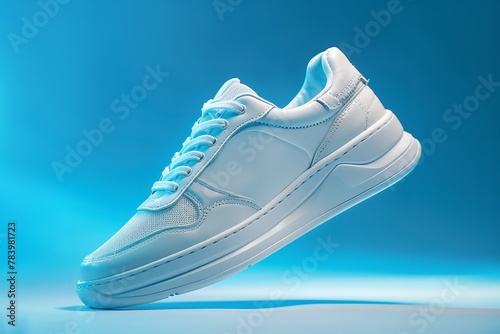 White shoes on a blue gradient background, concept, product image, levitation concept, men's fashion, sport shoe, air, sneakers, lifestyle, Generative AI.