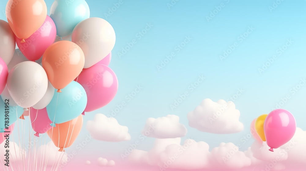 Background or banner with multicolor balloons in the sky and place for text. 3d poster for greeting or advertising.