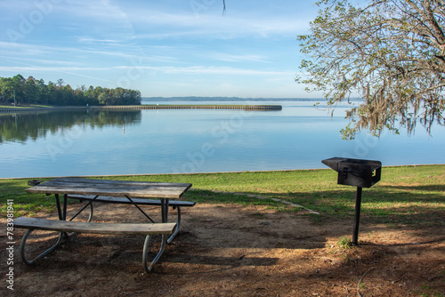 View of Lake Livingston reservoir located in the East Texas Piney Woods in Polk County, Texas, United States with wooden picnic table and barbecue grill