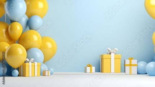 Background or banner with blue and yellow balloons and gift boxes. 3d poster for greeting or advertising.