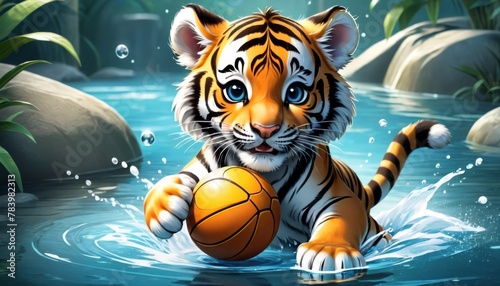 A vibrant illustration of a playful tiger cub with big  expressive eyes  cheerfully pawing at a basketball in a shallow water pool amidst a jungle setting. AI Generation. AI Generation